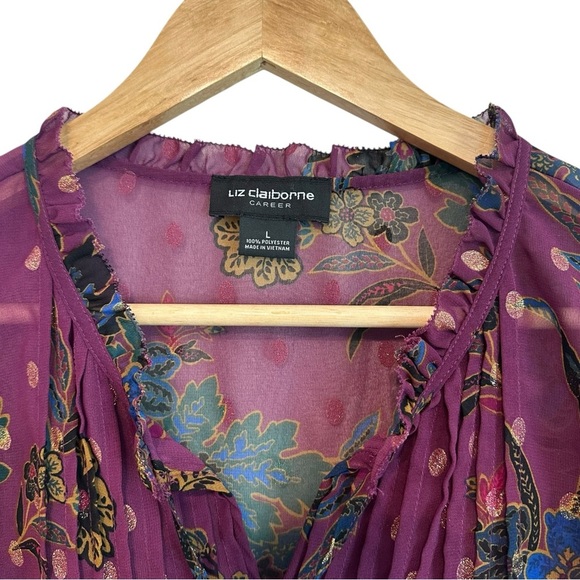 Liz Claiborne Women's Large Purple Blue Fairy Flowy Floral Sheer Layered Blouse - Picture 2 of 4